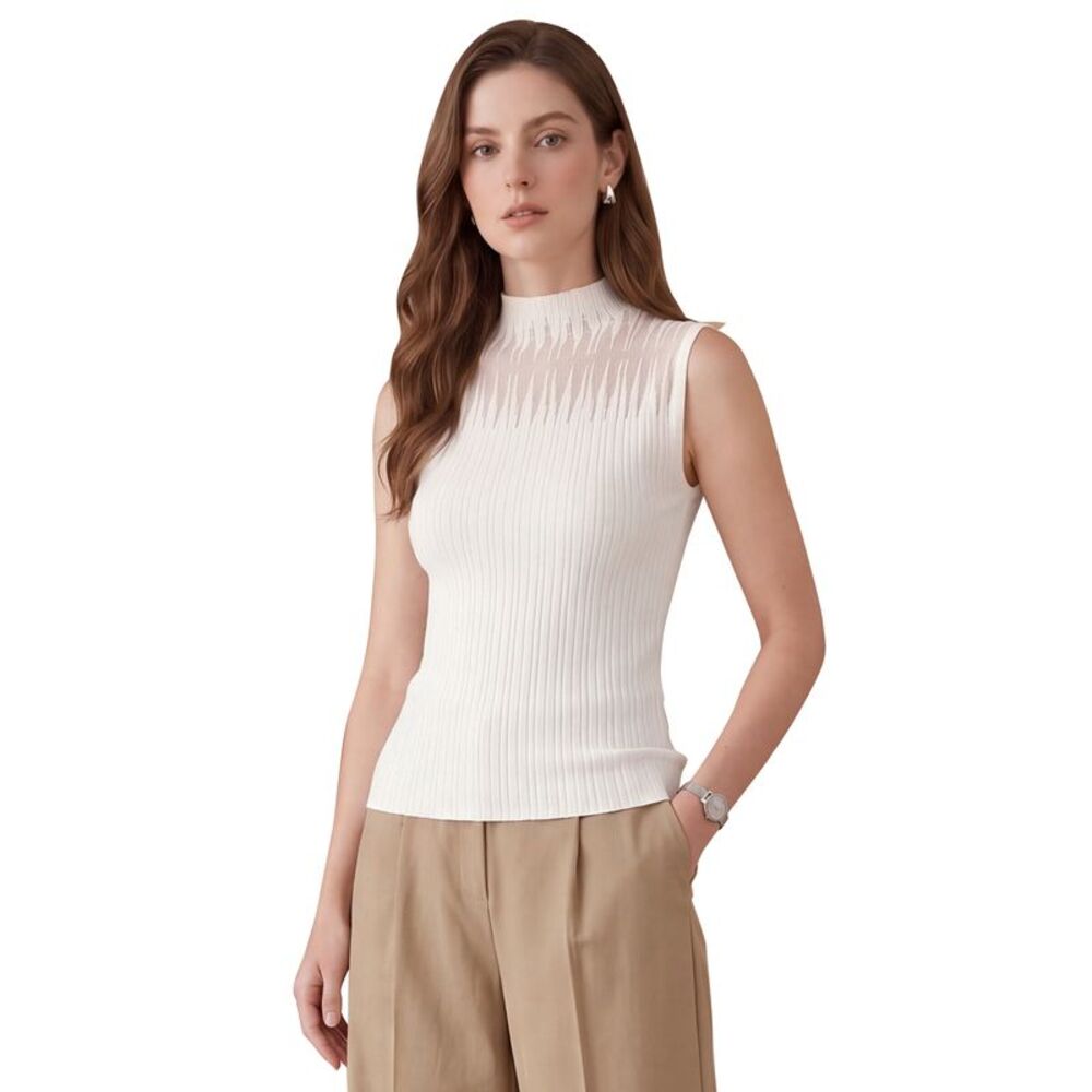 Women Mesh Mock Neck Sleeveless Ribbed Knit Sweater Sest Casual Sexy top White